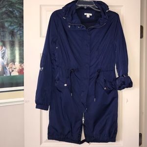 Blue longer rain coat- cinches at waist size SMALL